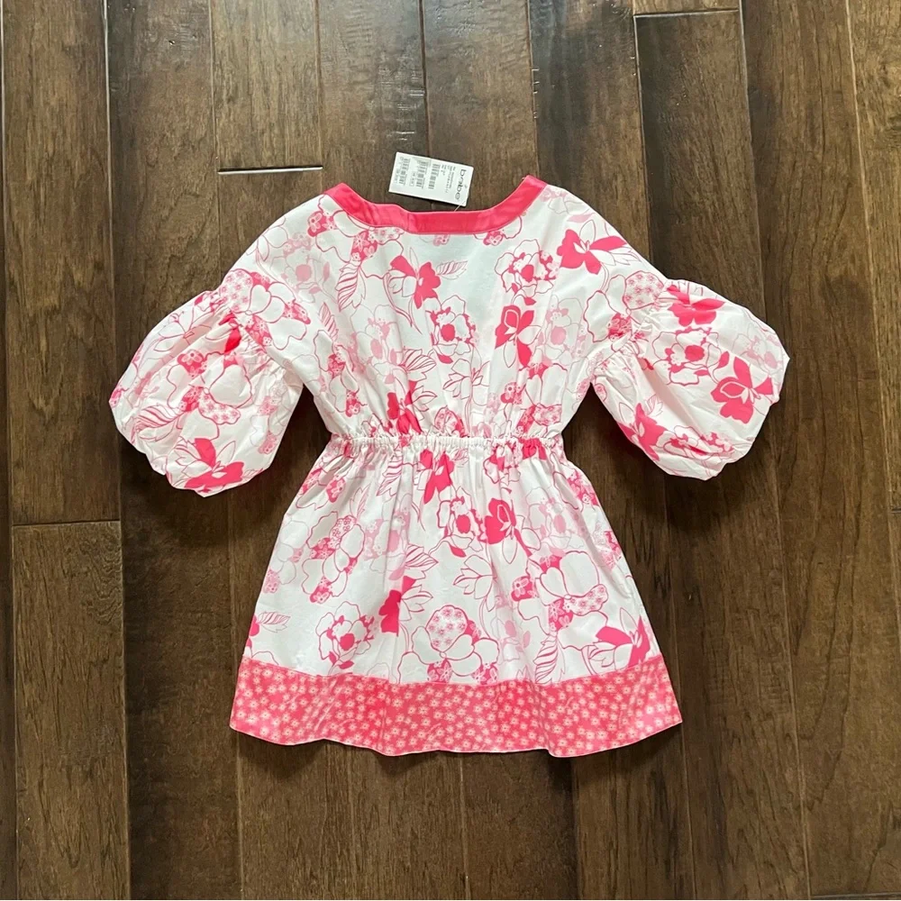 Bebe NWT Pink White Floral V-Neck Babydoll Top Empire Waist Puff Sleeves Sz S - Picture 11 of 15